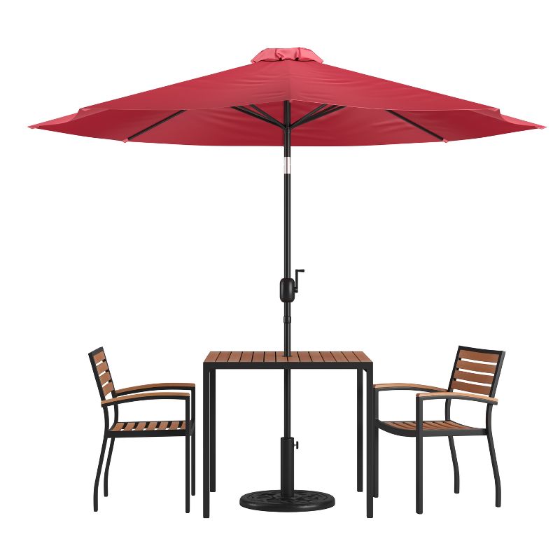 Emma and Oliver 5 Piece Patio Table Set - 2 Synthetic Faux Teak Stackable Chairs - Faux Teak Table - Umbrella with Base, 1 of 18