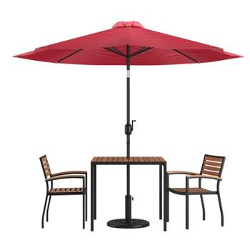 Merrick Lane Five Piece Faux Teak Patio Dining Set Includes Table, Two Club Chairs, 9' Patio Umbrella and Base