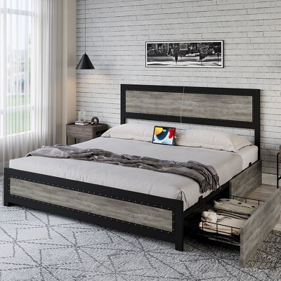 Whizmax Bed Frame With Headboard,Industrial Platform Bed Frame With 4 Storage Drawers and Charge Station,Strong Metal Slats Support