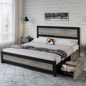 Whizmax Bed Frame With Headboard,Industrial Platform Bed Frame With 4 Storage Drawers and Charge Station,Strong Metal Slats Support - 1 of 4