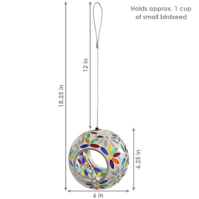 6-Inch Round Glass Mosaic Hanging Bird Feeder with Rainbow Daisies