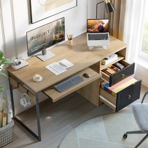 Bestier 55 Inch Office Desk with Drawers, Keyboard Tray, 2 Hooks, Modern Fluted Computer Desk for Home - 1 of 4
