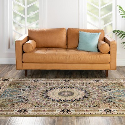 Green and Beige Rectangular Synthetic Persian-Style Area Rug
