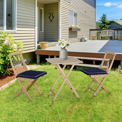 Dark Blue Pine Wood Folding Patio Bistro Set with Cushions