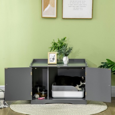 Gray Farmhouse Hidden Cat Litter Box Enclosure Table