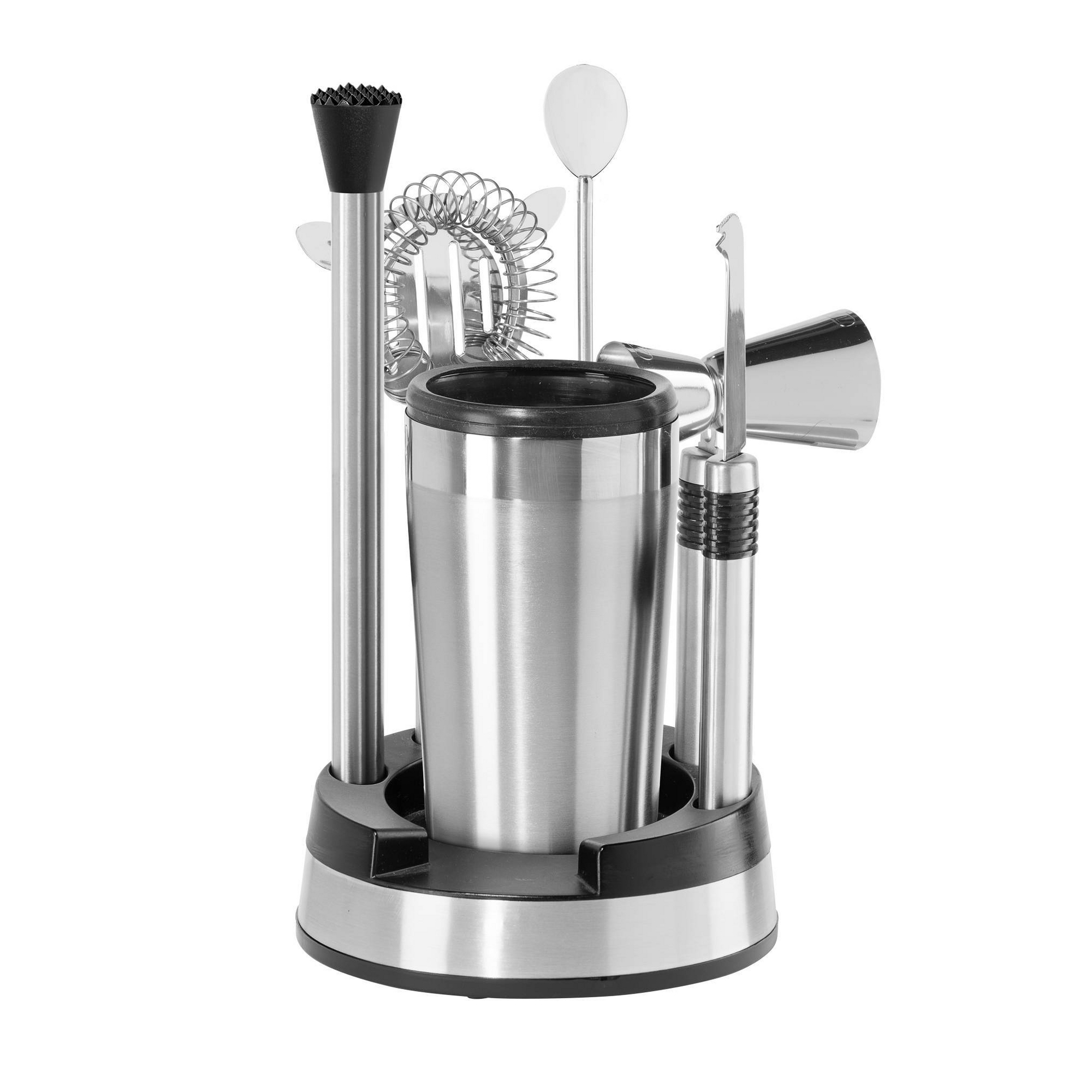 Oggi 8pc Compact Barware Set: Stainless Steel, Glass & Plastic, Hand Wash, Silver, 8 Pieces