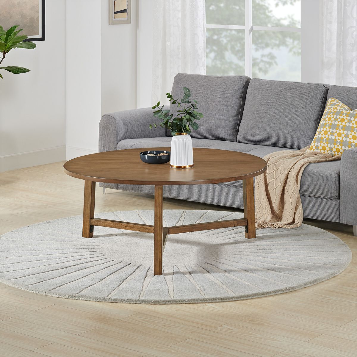 Alaterre Furniture Newbury 44-inch Round Coffee Table, Solid Wood Farmhouse Living Room Table, Pecan Finish - thumbnail 3