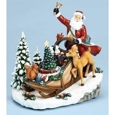 Roman 9" Red and Green Pre-Lit Musical Rotating Santa Claus in Sleigh on Hill Christmas Tabletop Decor