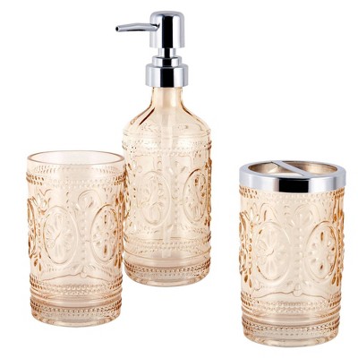 Blush Pink Embossed Glass Floral Bathroom Tumbler