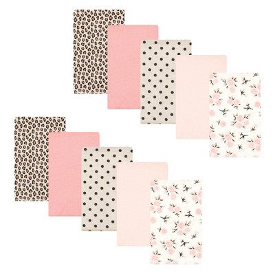Image of Hudson Baby Infant Girl Cotton Flannel Burp Cloths, Neutral Pink Floral 10 Pack, One Size