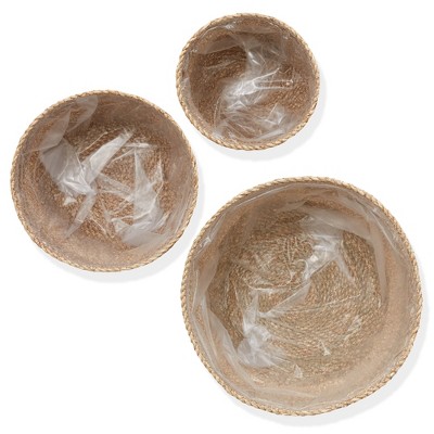 Set of 3 Two-Tone Handwoven Seagrass Planter Baskets with Liners