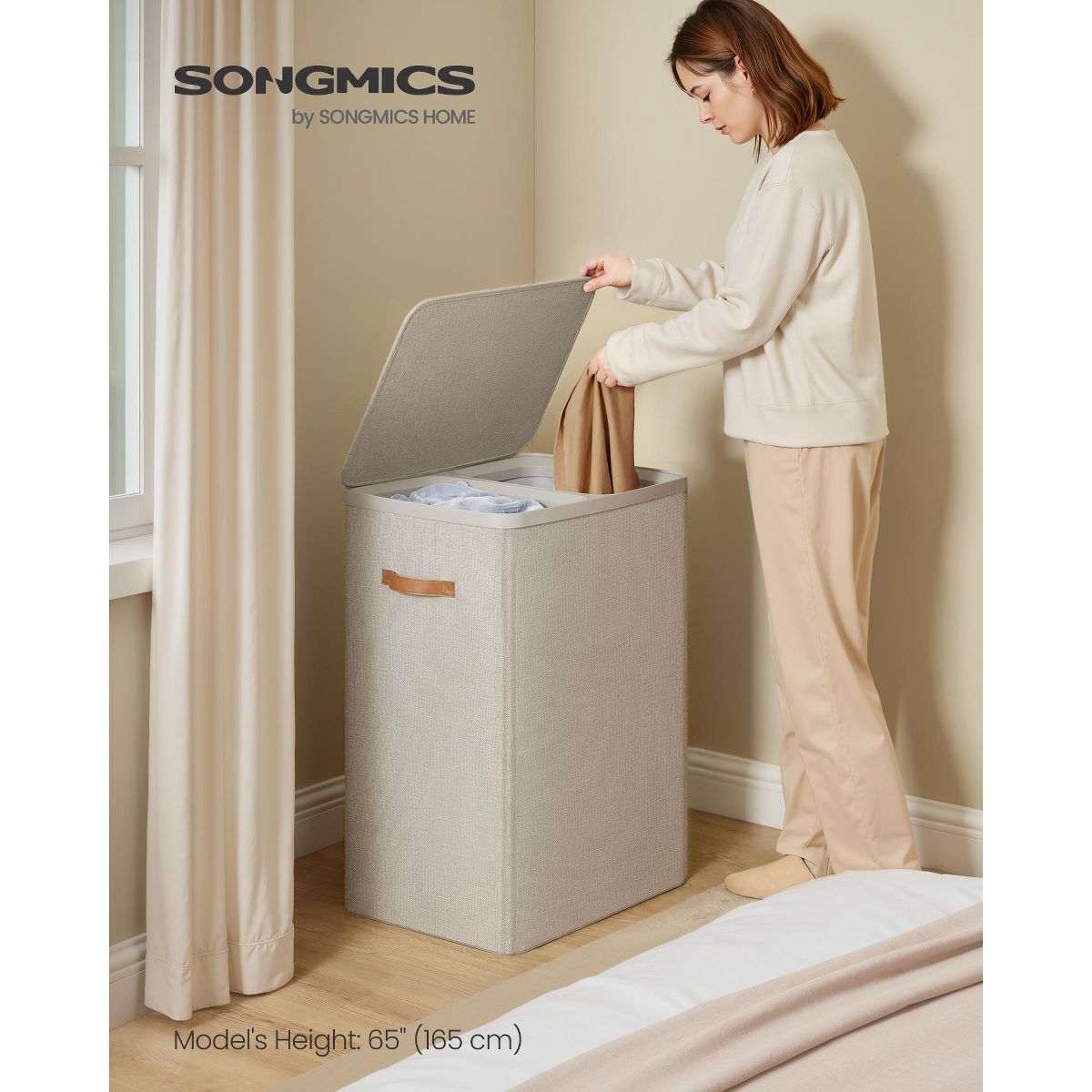 44.9 Gal Large Laundry Hamper with Lid, 2 Compartment Dirty Clothes Basket, Removable Inner Bags & Handles, 22x15.7x29.5 Inches