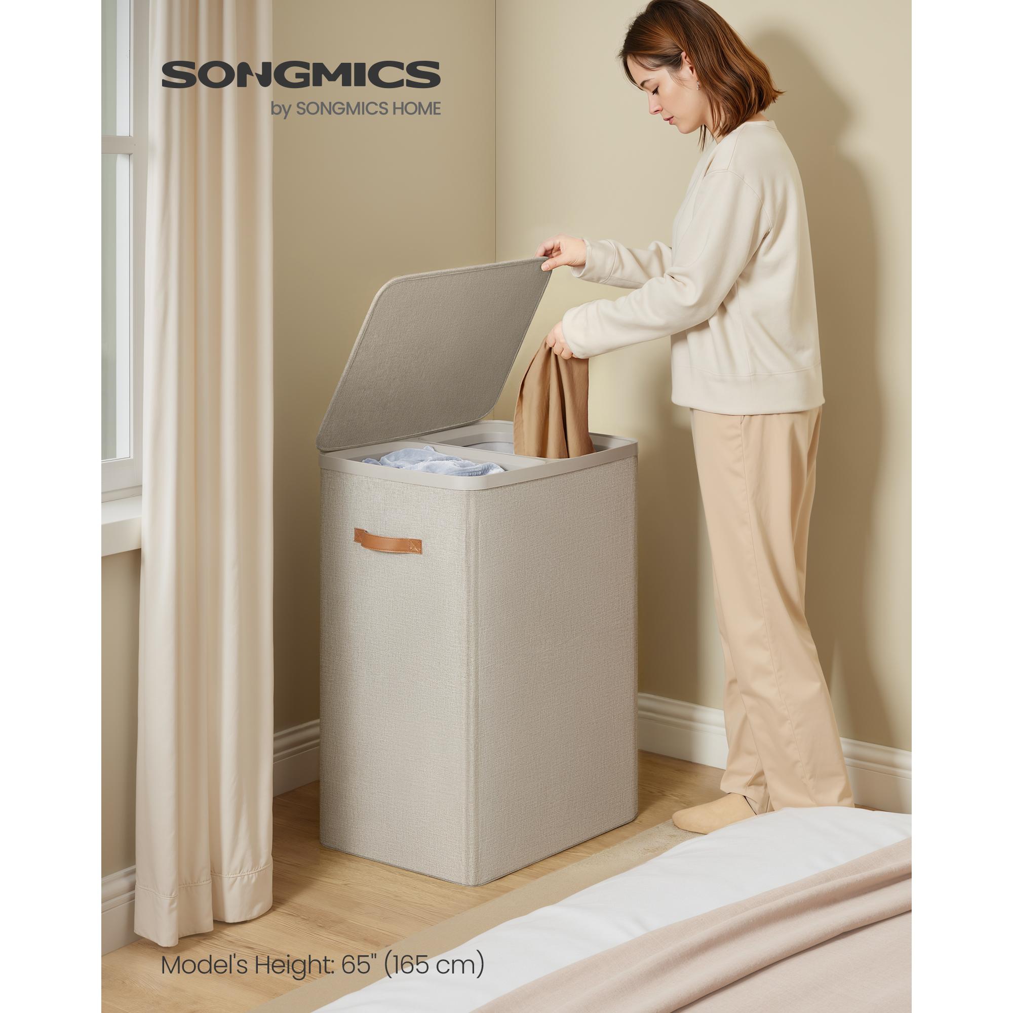 44.9 Gal Large Laundry Hamper with Lid, 2 Compartment Dirty Clothes Basket, Removable Inner Bags & Handles, 22x15.7x29.5 Inches, Cappuccino Beige