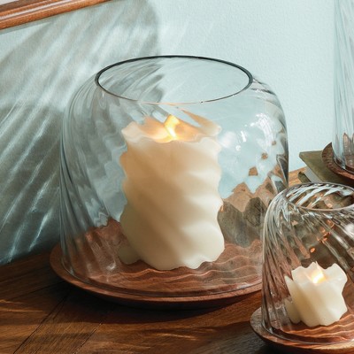 Medium Clear Glass and Acacia Wood Hurricane Candle Holder