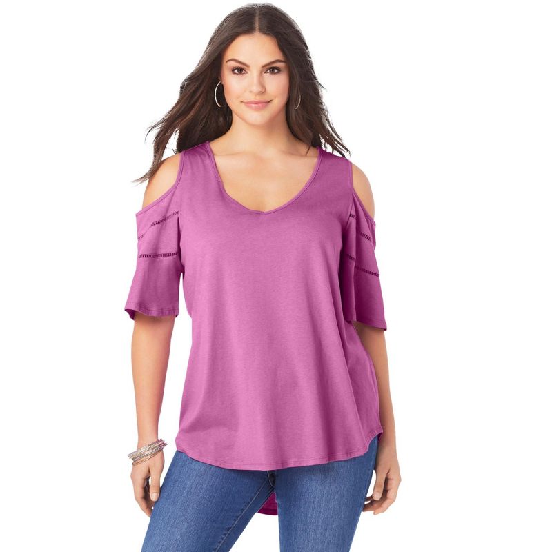 Roaman's Women's Plus Size Ruffle-Sleeve Top with Cold Shoulder Detail, 1 of 2