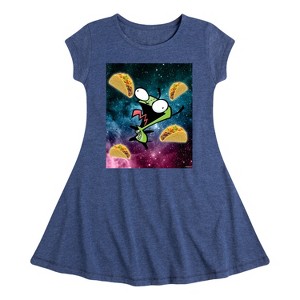Girls' - Invader ZIM - GIR Loves Tacos in Space Fit & Flair Cap Sleeve Dress - 1 of 3
