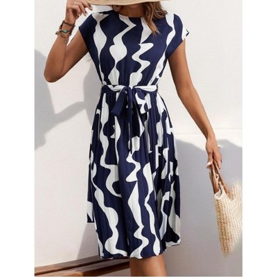Floral Dress for Women Wedding Guest Crewneck Short Sleeve Casual Summer Dress Tie Waist Midi Flowy Boho Beach Dresses