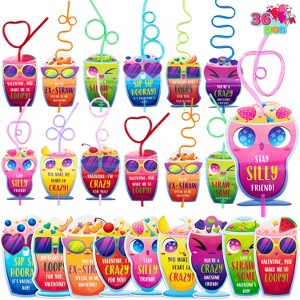 Joyfy 36/32 Packs Valentines Day Party Favor Straws with Cards for Kids' Classroom Exchange Gifts Reusable Drinking Straws for School Valentine Party - 1 of 4