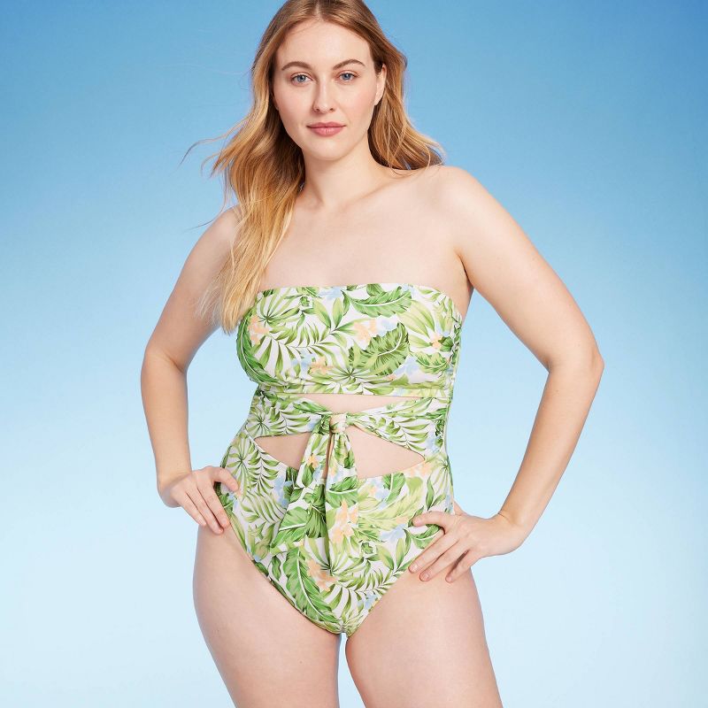 Women's Bandeau Tie-Front Cut Out One Piece Swimsuit - Shade & Shore™ Green Tropical Print, 5 of 11