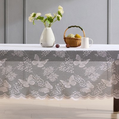 HLC.ME Butterfly Floral Patterned Scalloped, Wrinkle Resistant, Lace Fabric Table Cloth for Round and Rectangle Tables