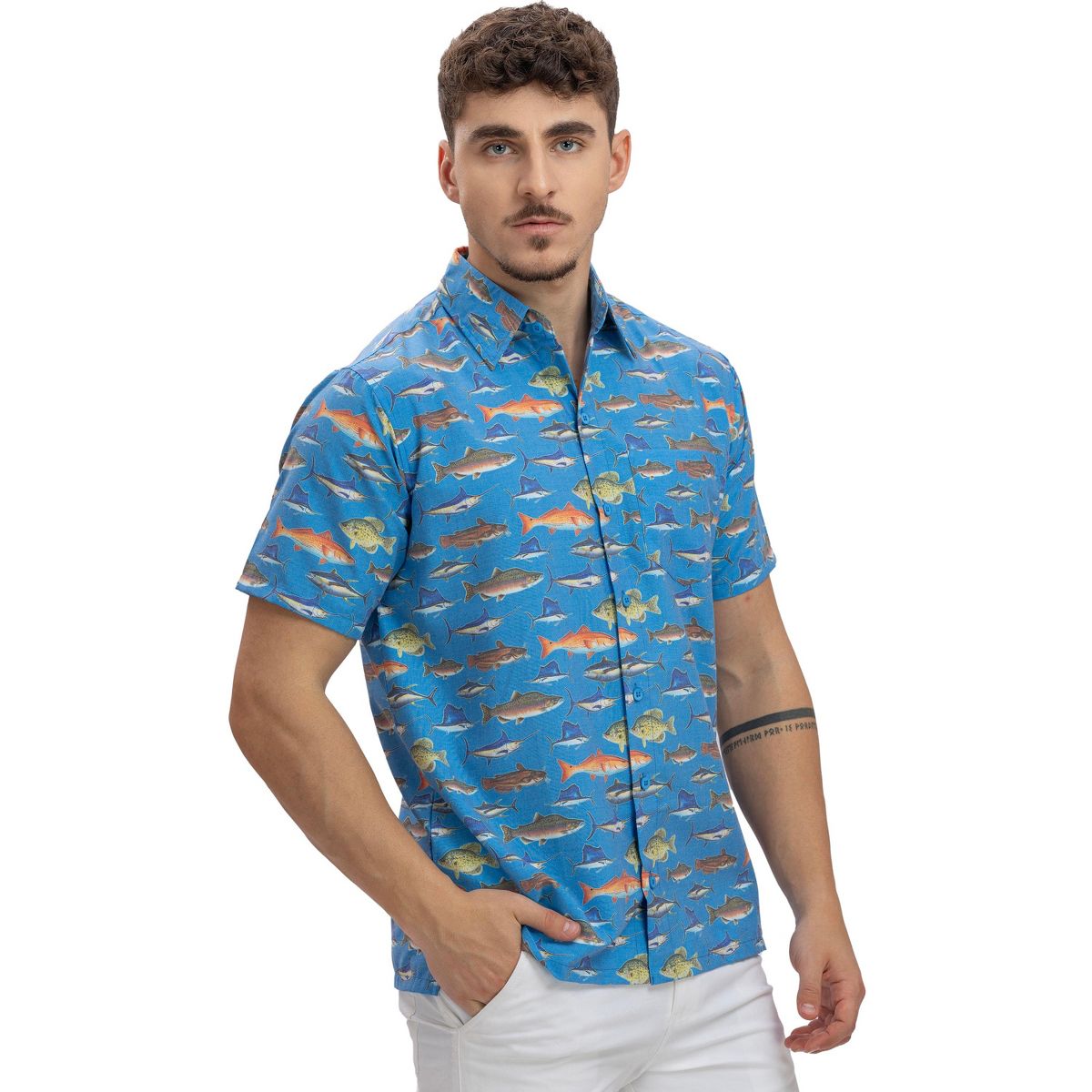 HAPPY BAY Mens Short Sleeve Button Down Casual Beach Shirt XXL Saltwater Fish Blue - thumbnail 4