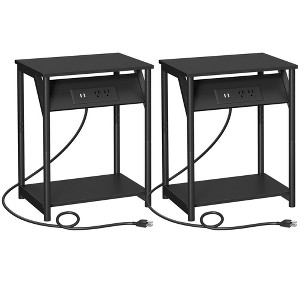 VASAGLE End Table with Charging Station Side Table Set of 2 Bedside Table with Storage Shelf Black - 1 of 4