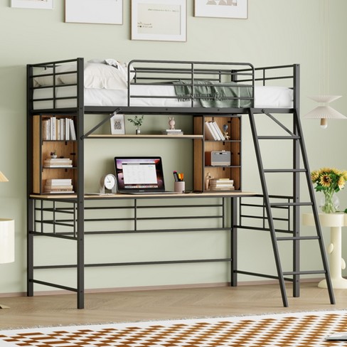 Twin Size Loft Bed With Desk And Shelf, Metal Bed With Ladder, Black 4w ...