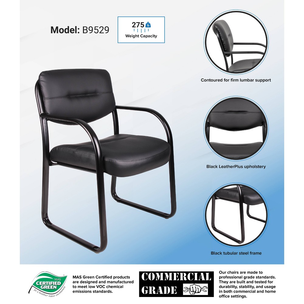Boss Office Products Leather Sled Base Guest Chair Black: Upholstered, Metal Frame, Fixed Height