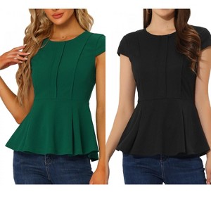 INSPIRE CHIC Women's Elegant Round Neck Cap Sleeve Solid Color Peplum Blouses 2 Packs - 1 of 4