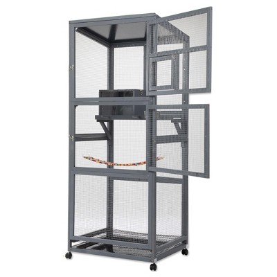 COZIWOW 68" H Large Bird Cage on Wheels, Wooden Indoor Outdoor Aviary with Pull Out Tray and Feeder for Small Birds, Finches, Parrots, Gray