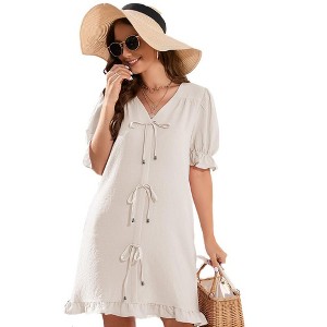 Womens V Neck Summer Dress Front Tie Detail Ruffle Trim Tunic Dress Ruffled Short Sleeve Pleated Pullover Sundress - Apricot,XL - 1 of 4