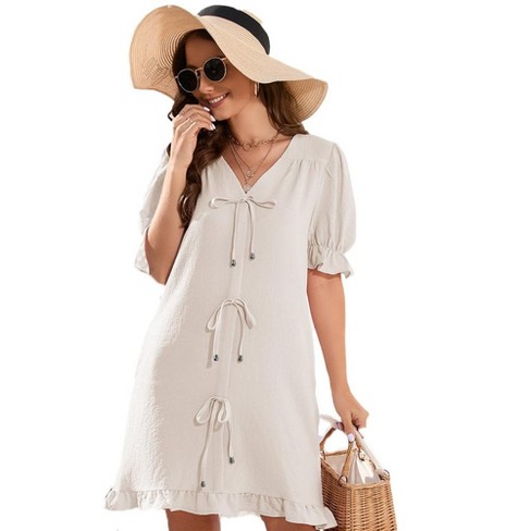 Womens V Neck Summer Dress Front Tie Detail Ruffle Trim Tunic Dress Ruffled Short Sleeve Pleated Pullover Sundress Apricot S