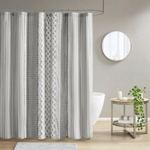 SEVOBAL Shower Curtain Cotton Fabric Aztec Print Tufted Chenille Waterproof Machine Washable 12 button holes, Gray, 72"*72"*0.13" - 1 of 4