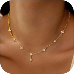 Women's Charm Cluster Choker Necklace - Clover, Heart, Pearl, Butterfly & Star Flower 14K Gold Plated, Cubic Zirconia, Adjustable Trendy Gift - 1 of 4