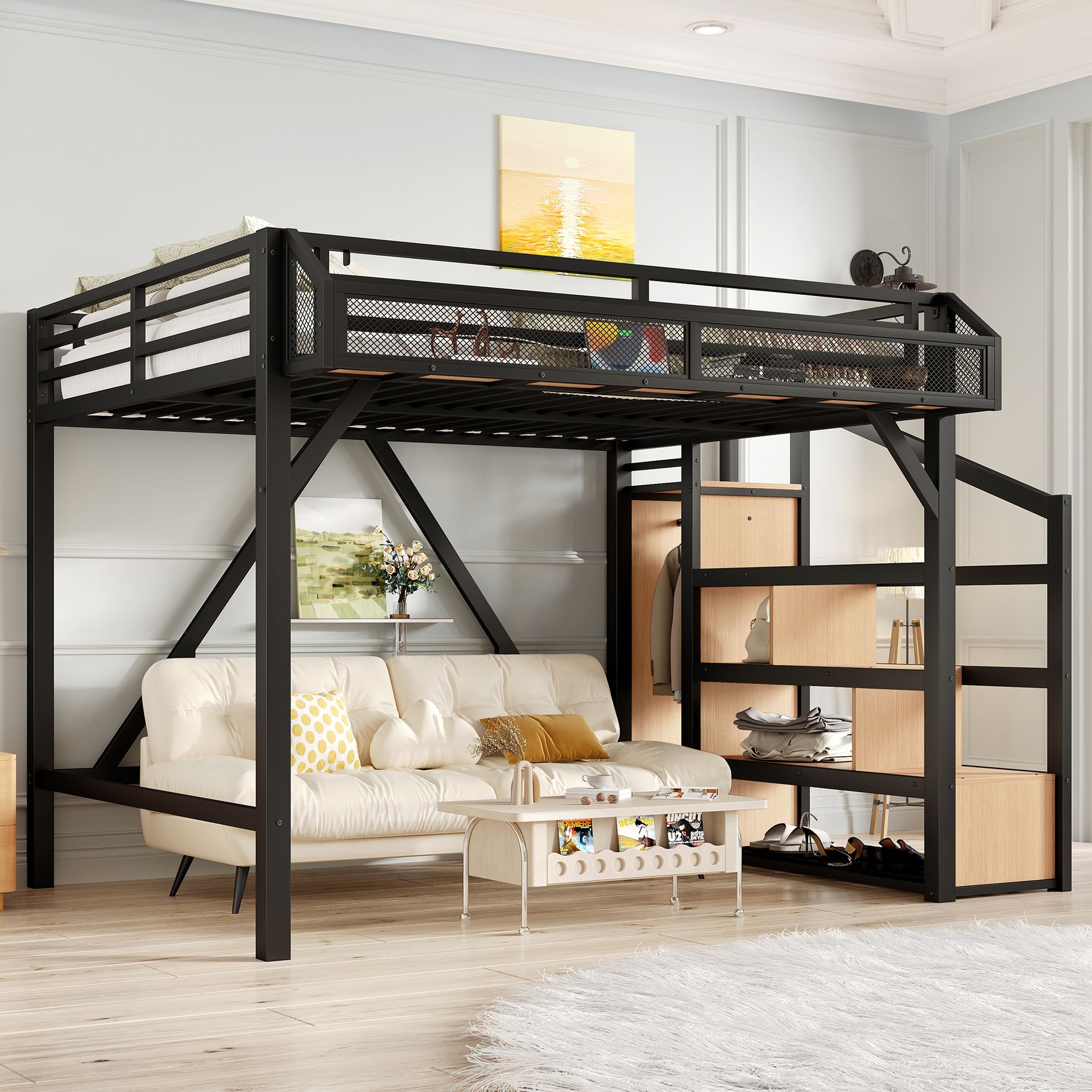 Bellemave Loft Bed with Storage Stairs,Shelves and Built-in Wardrobe, Metal Loft Bed Frame with USB Ports and LED Lights