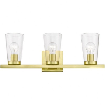 Sleek Cityview Satin Brass 3-Light Vanity with Clear Glass Shades