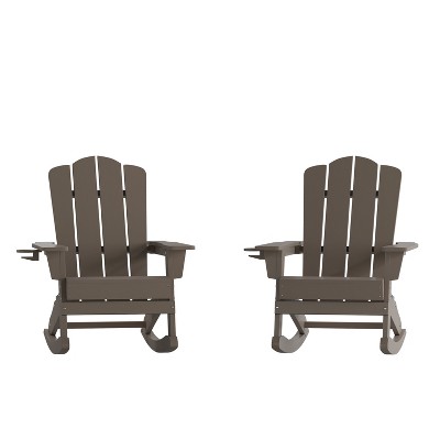 Emma and Oliver Set of 2 Adirondack Rocking Chairs with Cup Holders, Weather Resistant HDPE Adirondack Rocking Chairs in Brown