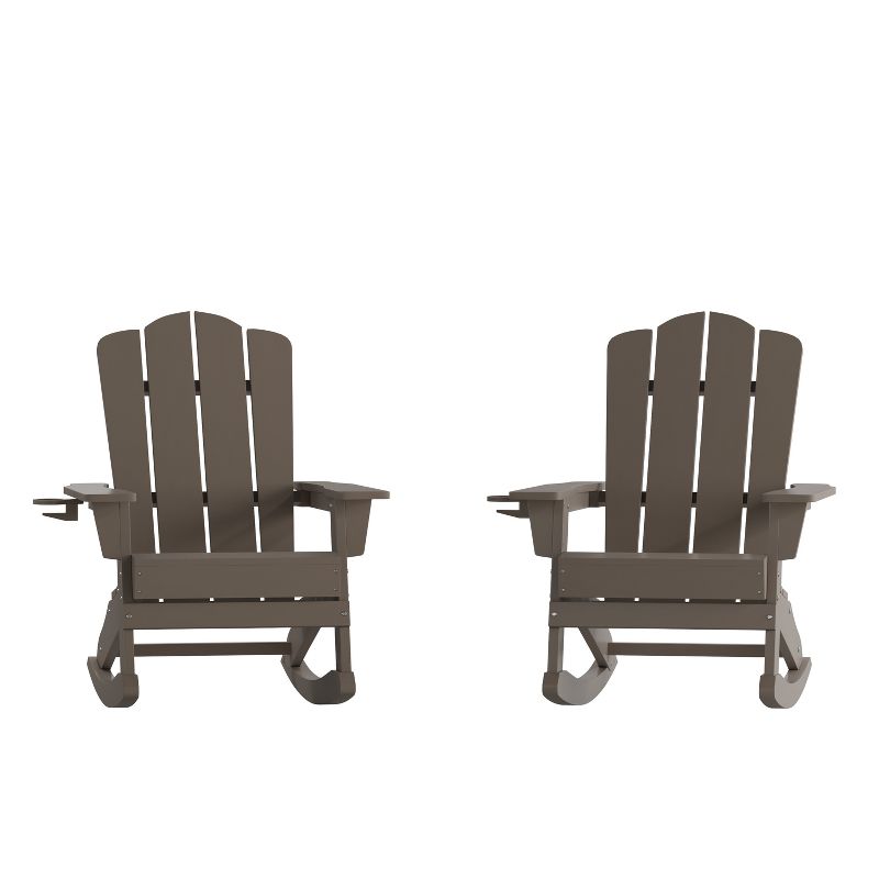 Emma and Oliver Set of 2 Adirondack Rocking Chairs with Cup Holders, Weather Resistant HDPE Adirondack Rocking Chairs in Brown, 1 of 12