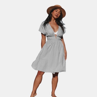 Women's Pure Cotton Swimsuit Cover-Up Midi Dress with Deep V-Neck and Elastic Waist - Cupshe