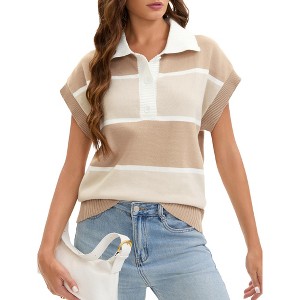 INSPIRE CHIC Women's Short Sleeve Turndown Collar Button Down Striped Pullover Tank Tops - 1 of 4