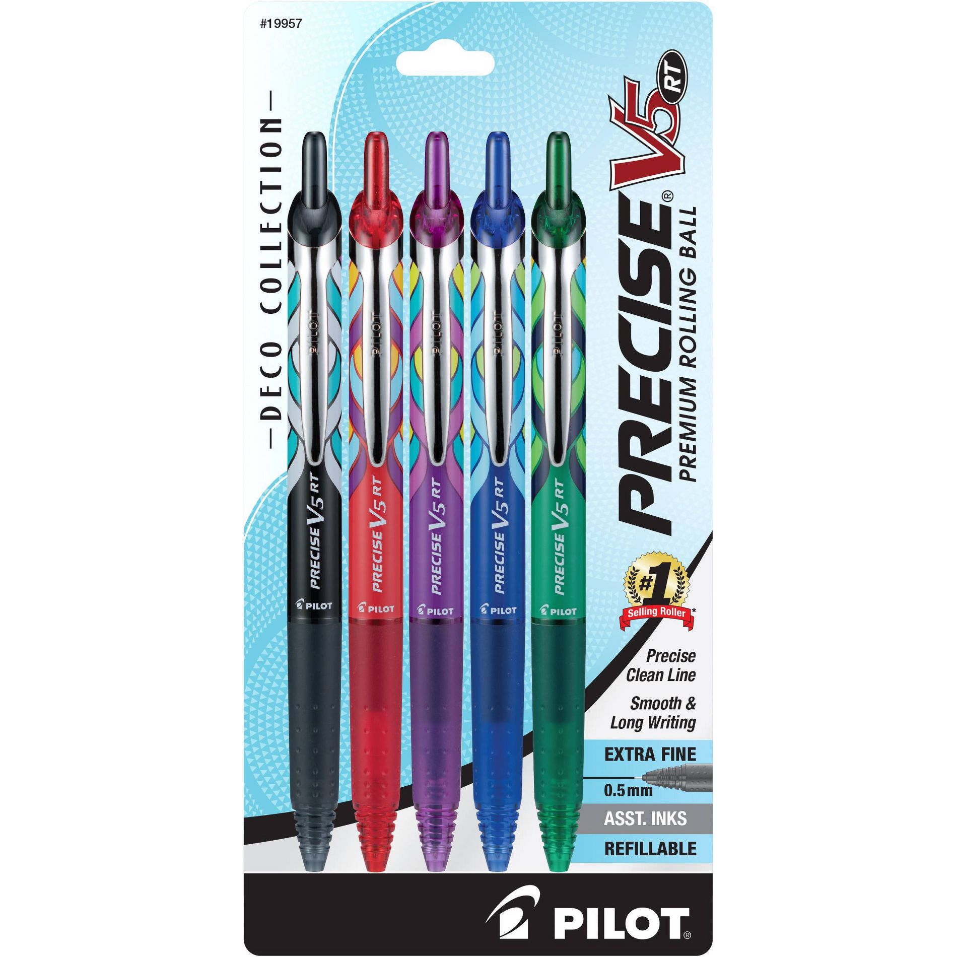 Pilot 5pk Precise V5 Art Deco Collection Rolling Ball Pens Extra Fine Point 0.5mm Assorted Inks