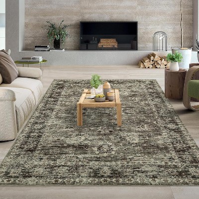 8x10 Area Rug, Vintage Low Pile Distressed Carpet, Non-Slip, Stain-Resistant, Fade-Resistant, Machine Washable, Dining/Living/Bistro/Bedroom, Brown