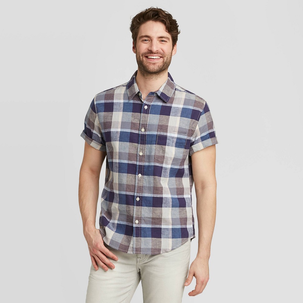 Men's Plaid Standard Fit Short Sleeve Linen Shirt - Goodfellow & Co Cyber Blue S was $19.99 now $12.0 (40.0% off)