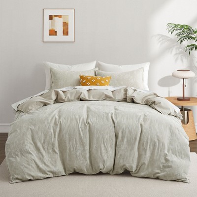 Peace Nest Jacquard Cotton Linen Blend Duvet Cover Set, 3 Piece Bedding Set with Pillow Shams, Grid, Full/Queen