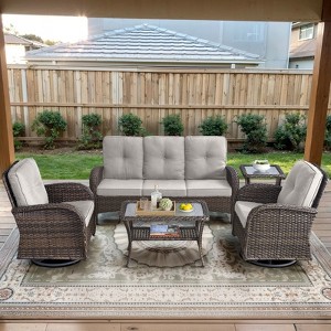 POCASSY 5 Piece Outdoor Patio Furniture Set, Brown Rattan Wicker Modern Outdoor Couch with Swivel Chairs and Coffee Table - 1 of 4