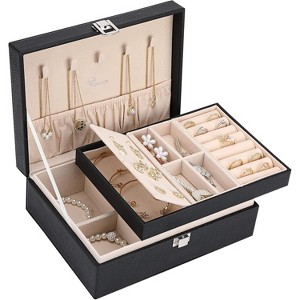 2-Layer Pink PU Leather Jewelry Box, Vintage Organizer with Removable Tray for Necklaces, Earrings, Rings, Bracelets - 1 of 4