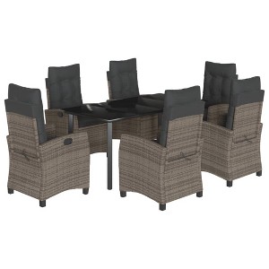 vidaXL 7-Piece Patio Dining Set - PE Rattan & Steel Furniture with Cushions & Glass Table for Garden/Backyard/Patio, Adjustable Reclining Chairs, Gray - 1 of 4