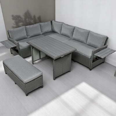 5-Piece Outdoor Rattan Sectional Sofa Set with Extendable Side Tables, Dining Table & Washable Cushions – Seats 7, Durable & Comfortable