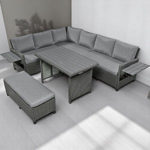 5-Piece Outdoor Rattan Sectional Sofa Set with Extendable Side Tables, Dining Table & Washable Cushions – Seats 7, Durable & Comfortable - 1 of 4