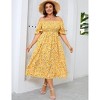 Womens Puff Sleeve Summer Floral Dress Plus Size Smocked Ruffle Square Neck Casual Dress Cute Midi Dress Yellow Flower 2XL - 2 of 4